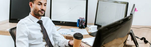 Panoramic Shot Racial Trader Looking Computer Holding Paper Cup — Stock Photo, Image