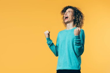 excited curly teenager showing yes gesture and screaming isolated on yellow clipart
