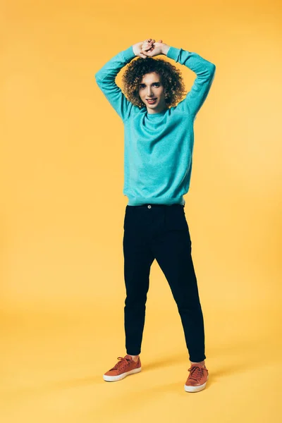 Full Length View Curly Teenager Hands Head Yellow — Stock Photo, Image