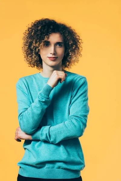 Dreamy Curly Teenager Isolated Yellow — Stock Photo, Image