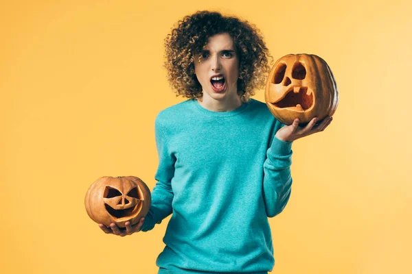 Scared Curly Teenager Holding Halloween Pumpkins Screaming Isolated Yellow — Stock Photo, Image
