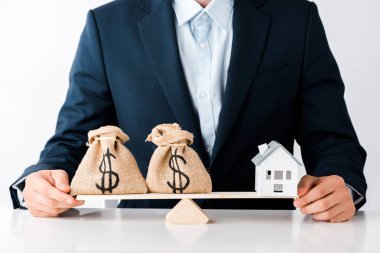 Para çantaları ve karton karton evi olan beyaz pulların yakınındaki işadamının kırpılmış görüntüsü 