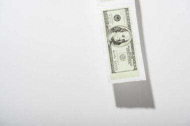 Beyaz üzerine dolar banknotlu tuvalet kağıdı ve kopyalama alanı