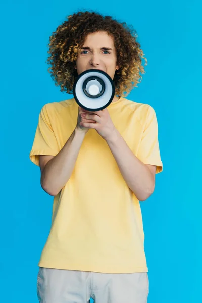 Angry Curly Teenager Screaming Loudspeaker Isolated Blue — Stock Photo, Image