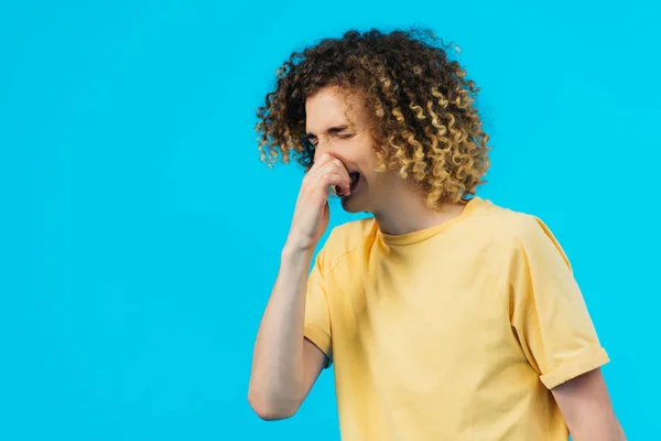 Curly Teenager Having Runny Nose Isolated Blue — Stock Photo, Image