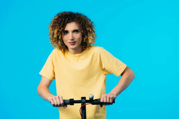 Curly Teenager Riding Electric Scooter Isolated Blue — Stock Photo, Image