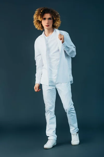 Full Length View Curly Teenager Total White Outfit Posing Isolated — Stock Photo, Image