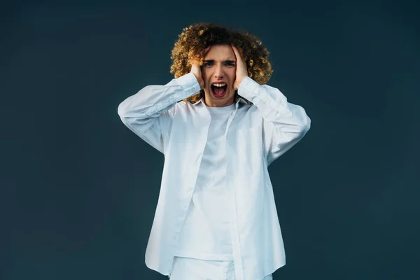 Stressed Curly Teenager Total White Outfit Screaming Isolated Green — Stock Photo, Image