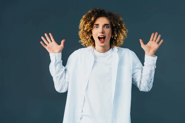 Excited Stylish Curly Teenager Total White Outfit Showing Hands Isolated — Stock Photo, Image