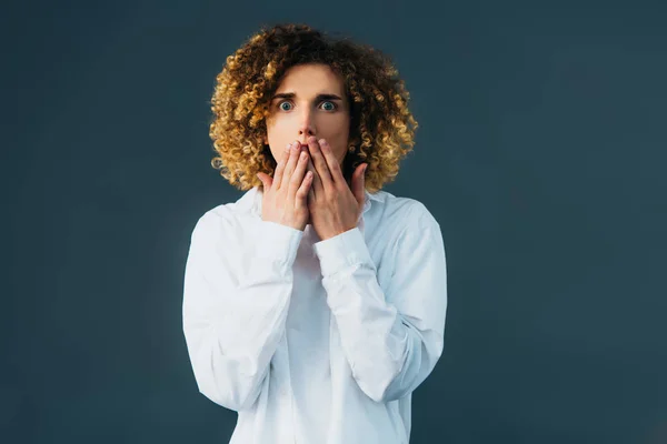 Shocked Stylish Curly Teenager Total White Outfit Covering Mouth Hands — Stock Photo, Image