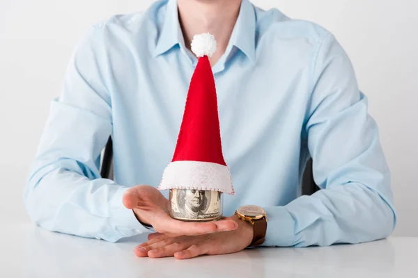 Cropped View Businessman Holding Jar Dollar Banknotes Santa Hat Isolated — Stock Photo, Image