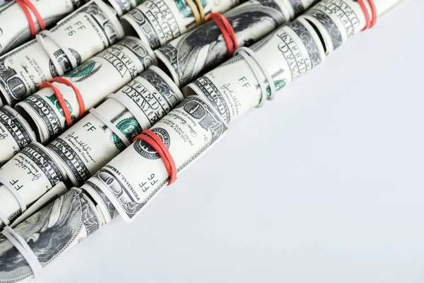 Dollar Banknotes Cash Rolls Colorful Rubber Bands White — Stock Photo, Image