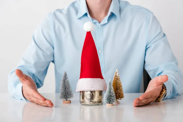 Cropped View Man Pointing Hands Glass Jar Money Santa Hat — Stock Photo, Image