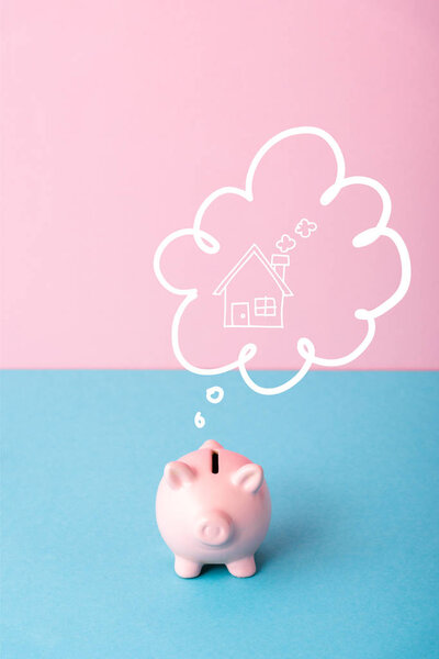 Tirelire Près Bulle Pensée Avec Maison Sur Rose Bleu — Photo