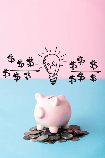 Silver Coins Piggy Bank Light Bulb Blue Pink — Stock Photo, Image
