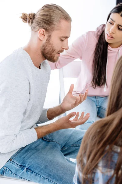 Support Group Helping Sad Man Chair Isolated White — Stock Photo, Image