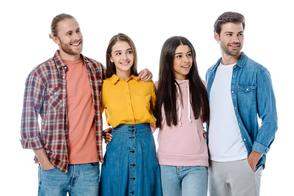 Felici Amici Multiculturali Che Abbracciano Distogliendo Sguardo Isolato Sul Bianco — Foto Stock