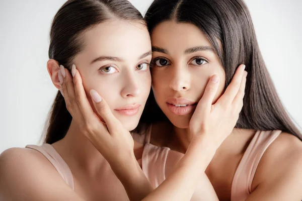 Young Multicultural Girls Beige Outfit Tenderly Touching Each Other Isolated — Stock Photo, Image