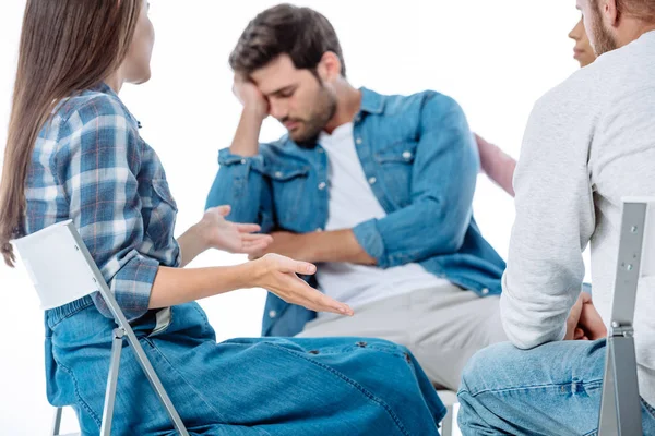 Selective Focus Support Group Talking While Sitting Chairs Isolated White — Stock Photo, Image