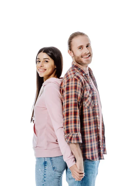 Happy Young Interracial Couple Standing Back Back Holding Hands Isolated — Stock Photo, Image
