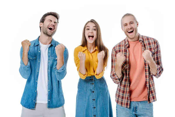 Happy Young Friends Showing Yes Gesture Isolated White — Stock Photo, Image