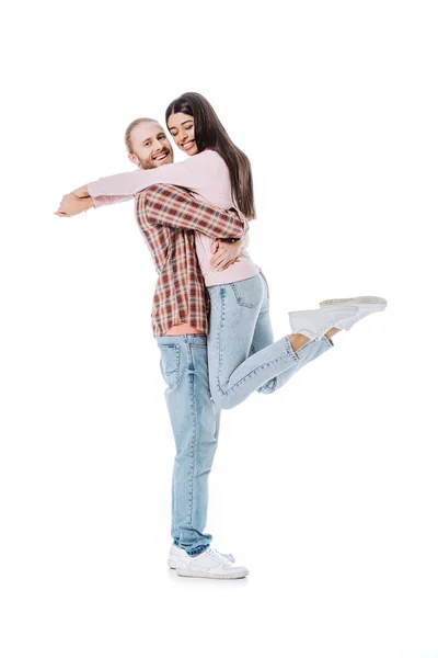 Full Length View Happy Young Interracial Couple Hugging Isolated White — Stock Photo, Image