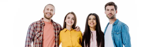 Amigos Multiculturales Felices Abrazando Mirando Hacia Otro Lado Aislado Blanco — Foto de Stock