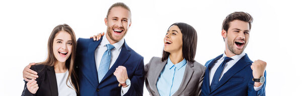 happy multicultural business people in suits laughing and showing yes gestures isolated on white, panoramic shot