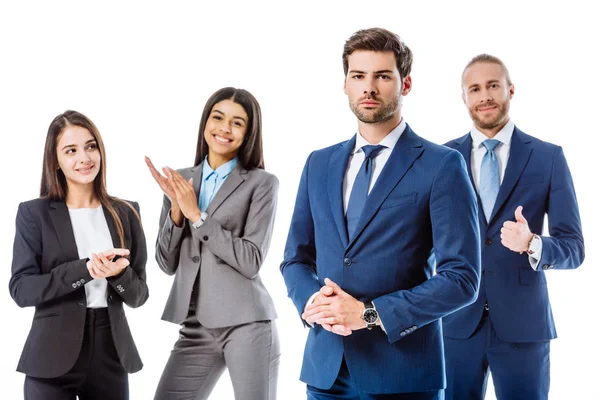Smiling Multicultural Business People Suits Applauding Confident Businessman Isolated White — Stock Photo, Image