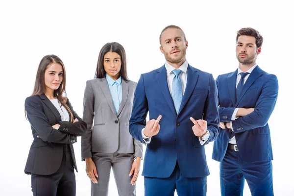 Confident Businessman Showing Middle Fingers Multicultural Business People Suits Isolated — Stock Photo, Image