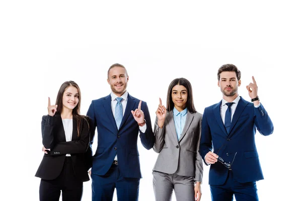 Multicultural Business People Suits Pointing Fingers Isolated White — Stock Photo, Image