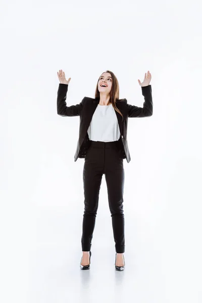 Happy Businesswoman Suit Raised Hands Looking Isolated White — Stock Photo, Image