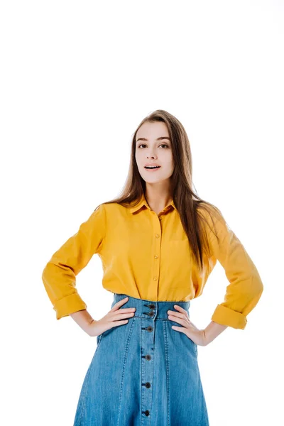Attractive Girl Hands Hips Looking Camera Isolated White — Stock Photo, Image