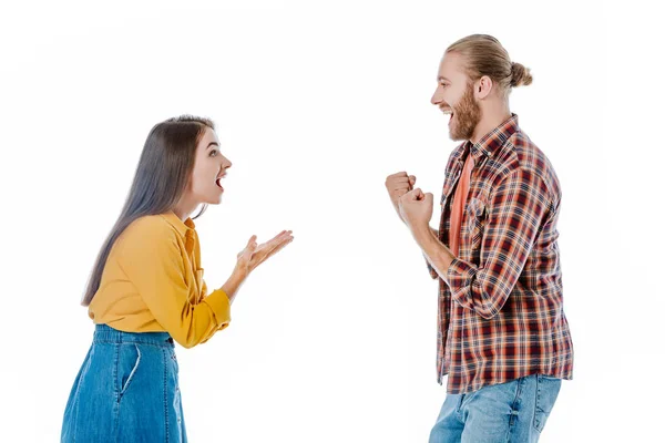 Side View Happy Young Couple Casual Outfit Showing Yeah Gesture — Stock Photo, Image