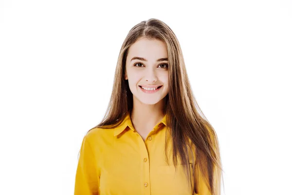 Smiling Attractive Girl Looking Camera Isolated White — Stock Photo, Image