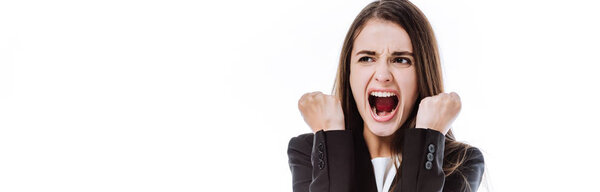 angry businesswoman in suit yelling isolated on white, panoramic shot
