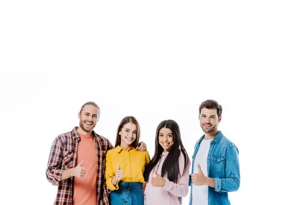 Amigos Multiculturais Felizes Mostrando Polegares Isolados Branco — Fotografia de Stock