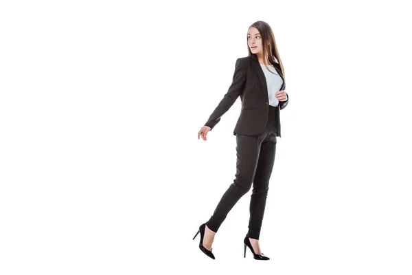 Full Length Άποψη Του Αυτοπεποίθηση Επιχειρηματίας Στο Κοστούμι Περπάτημα Και — Φωτογραφία Αρχείου