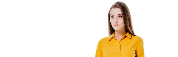 Serious Attractive Girl Looking Away Isolated White Panoramic Shot — Stock Photo, Image