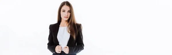 Säker Affärskvinna Kostym Med Händerna Jacka Isolerad Vit Panorama Skott — Stockfoto