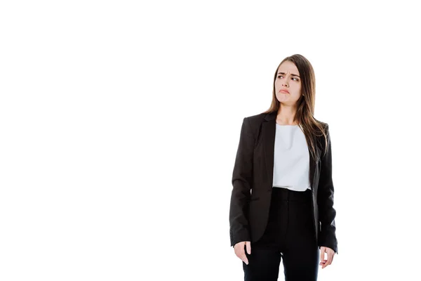 Niezadowolona Bizneswoman Garniturze Patrząc Odizolowany Białym — Zdjęcie stockowe