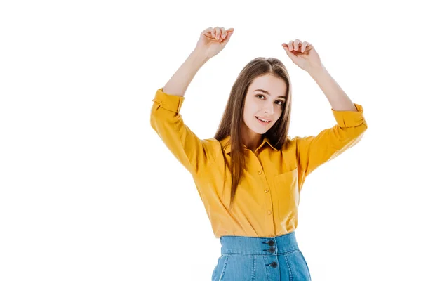 Smiling Attractive Girl Hands Air Isolated White — Stock Photo, Image