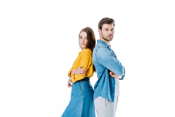 Young Couple Standing Back Back Isolated White — Stock Photo, Image