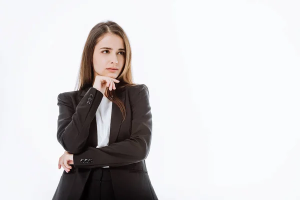 Mulher Negócios Pensativa Terno Olhando Para Longe Isolado Branco — Fotografia de Stock