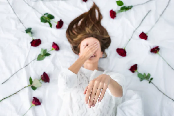 Top View Smiling Woman Showing Engagement Ring Obscuring Face — Stock Photo, Image