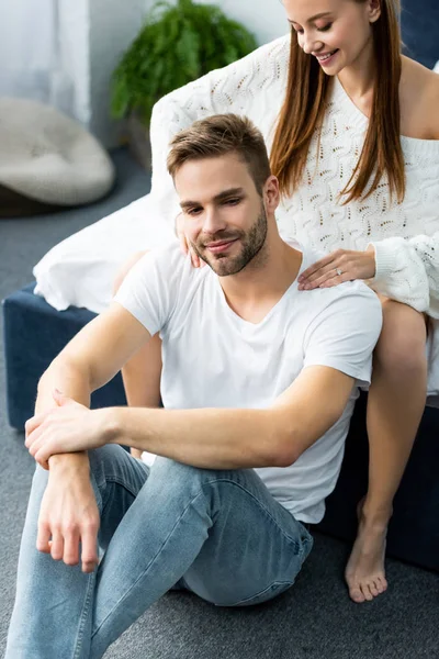 Attractive Smiling Woman Doing Massage Handsome Man — Stock Photo, Image