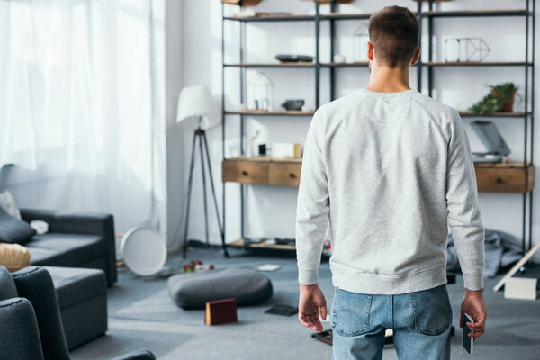 back view of man in pullover looking at robbed apartment 