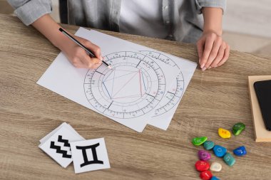 Cropped view of woman drawing natal chart by stones and papers with zodiac signs on table clipart