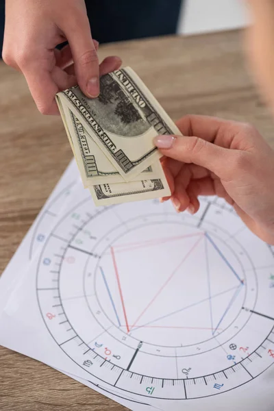 Cropped View Man Giving Cash Astrologer Natal Charts Table — ストック写真