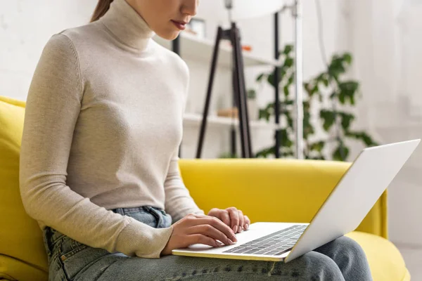 Cropped View Freelancer Working Laptop Home — ストック写真